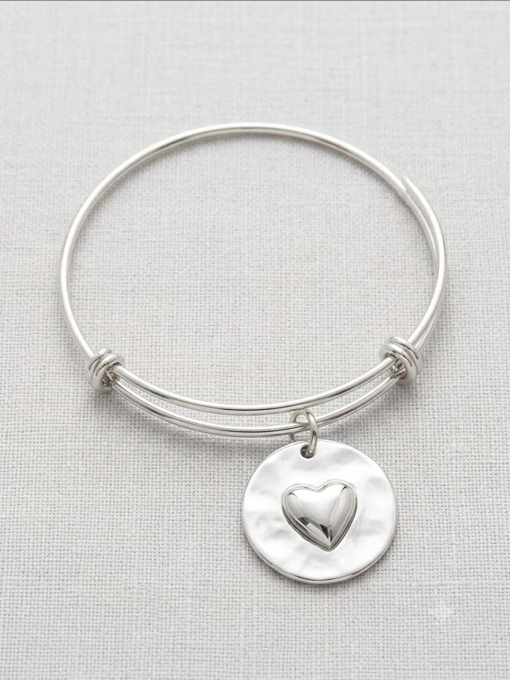 Adjustable Silver-Tone Bangle Bracelet with Hammered Heart Charm
